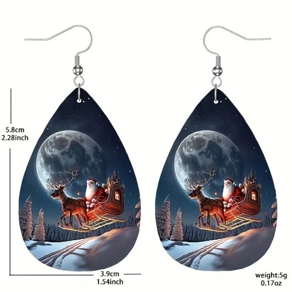 Christmas Earrings Santa Sleigh Reindeer Dangle Tear Drop Moon Holiday Stylish - Picture 3 of 3